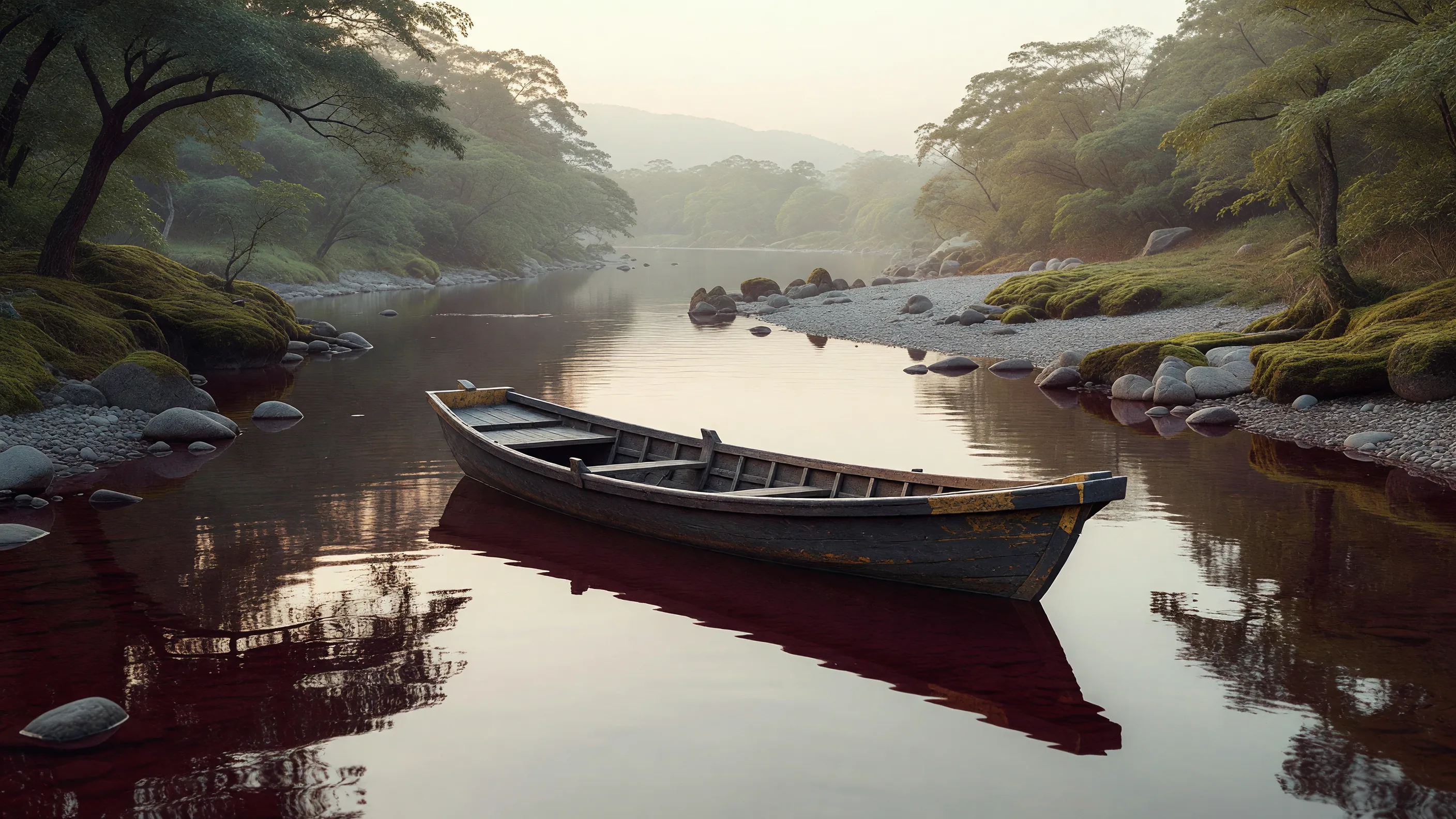 Serene Riverbank with Traditional Boat