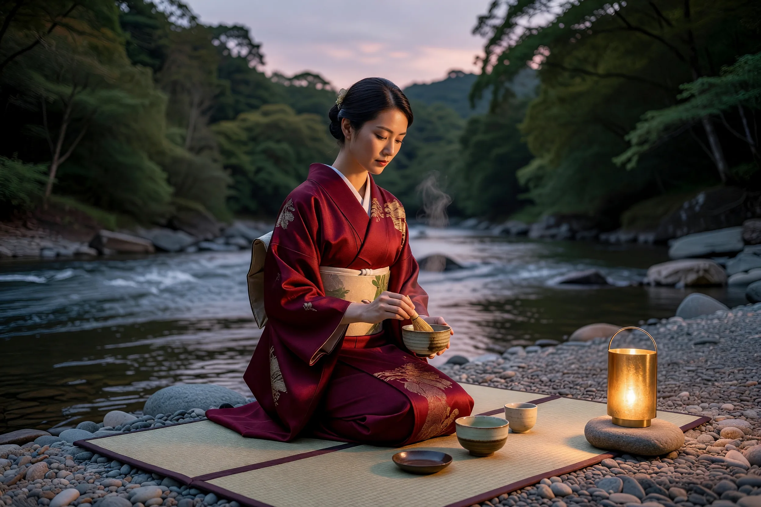 Tea Ceremony by River at Sunset