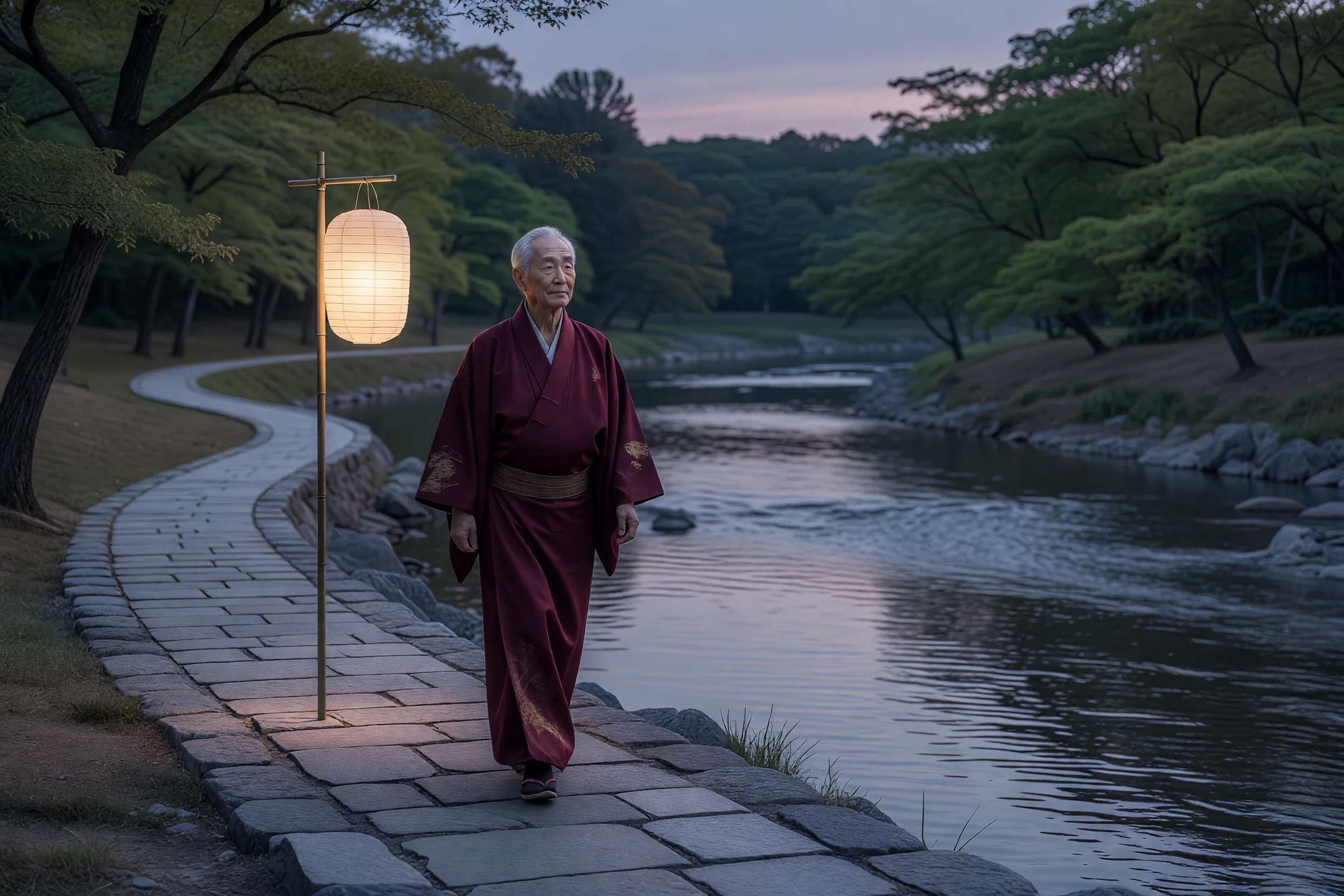 Elderly Man on Riverside Path at Twilight