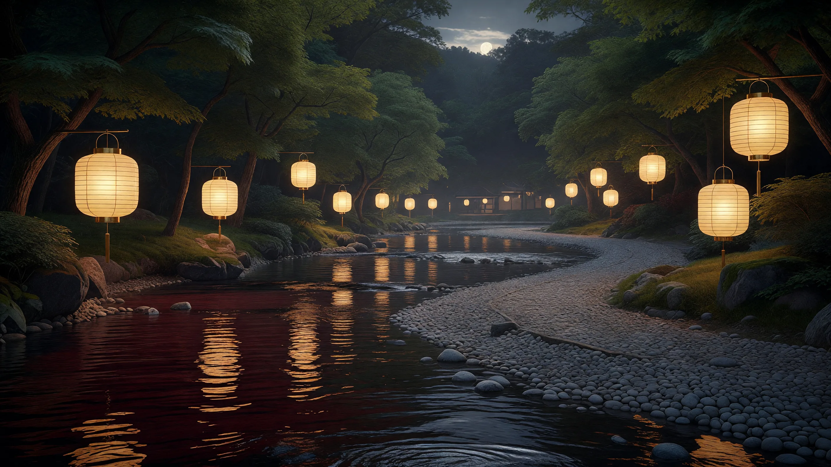 Lanterns on Riverbank at Night