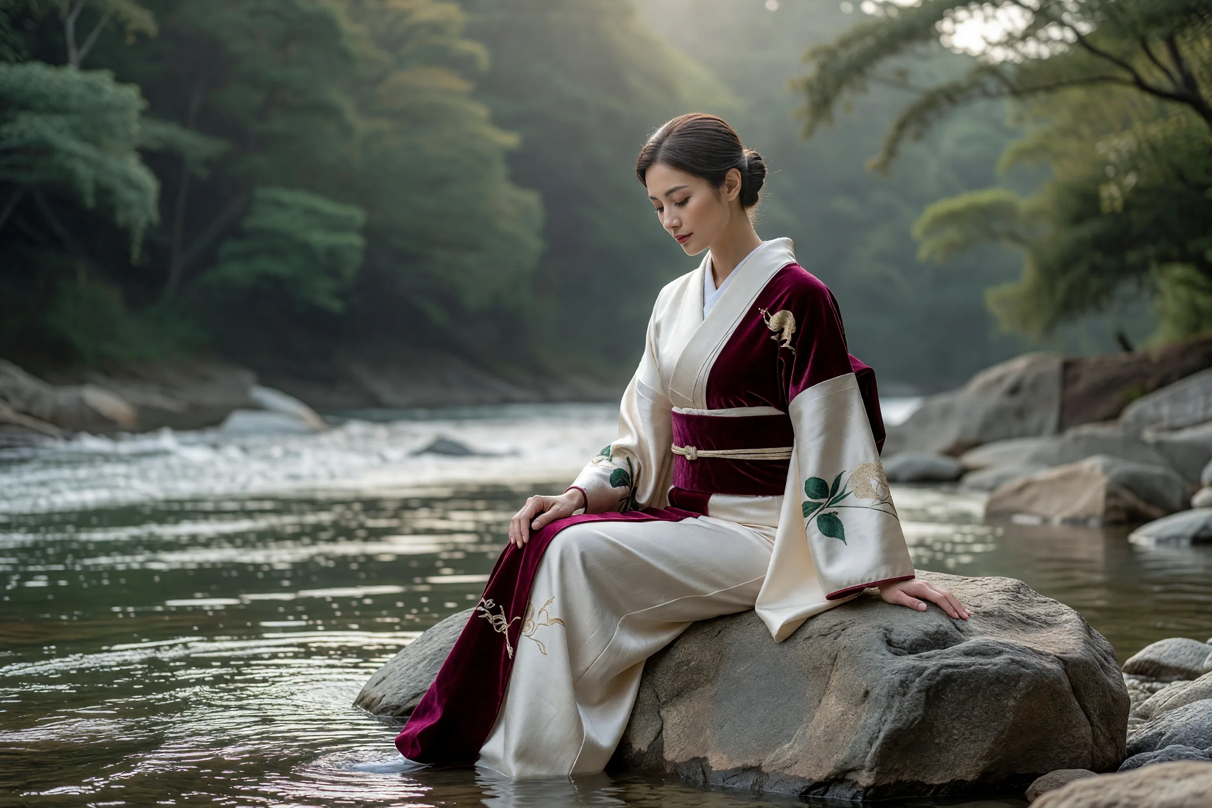 川岩に座る女性