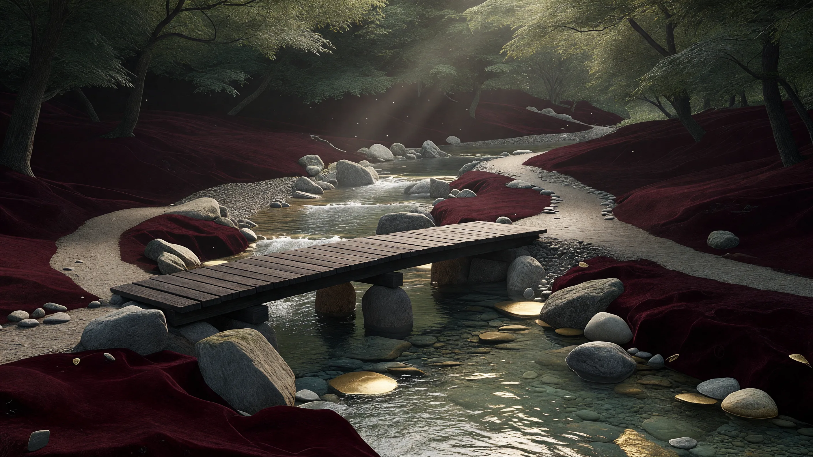 Hidden Wooden River Bridge