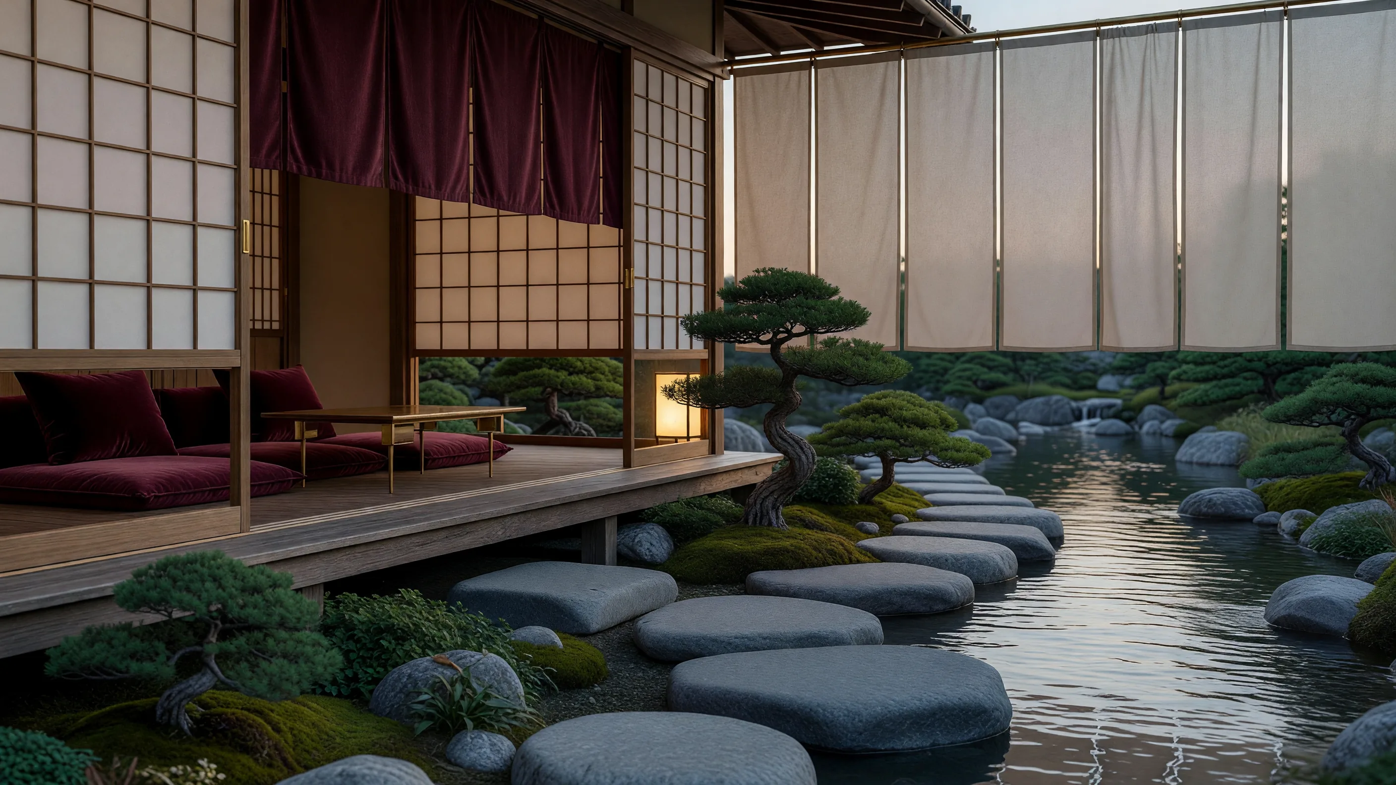 川沿いの旅館と庭、黄昏時